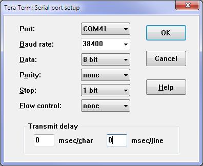 setup for Tera Term: Baud Rate: 38400, Data: 8 bit, Parity: None